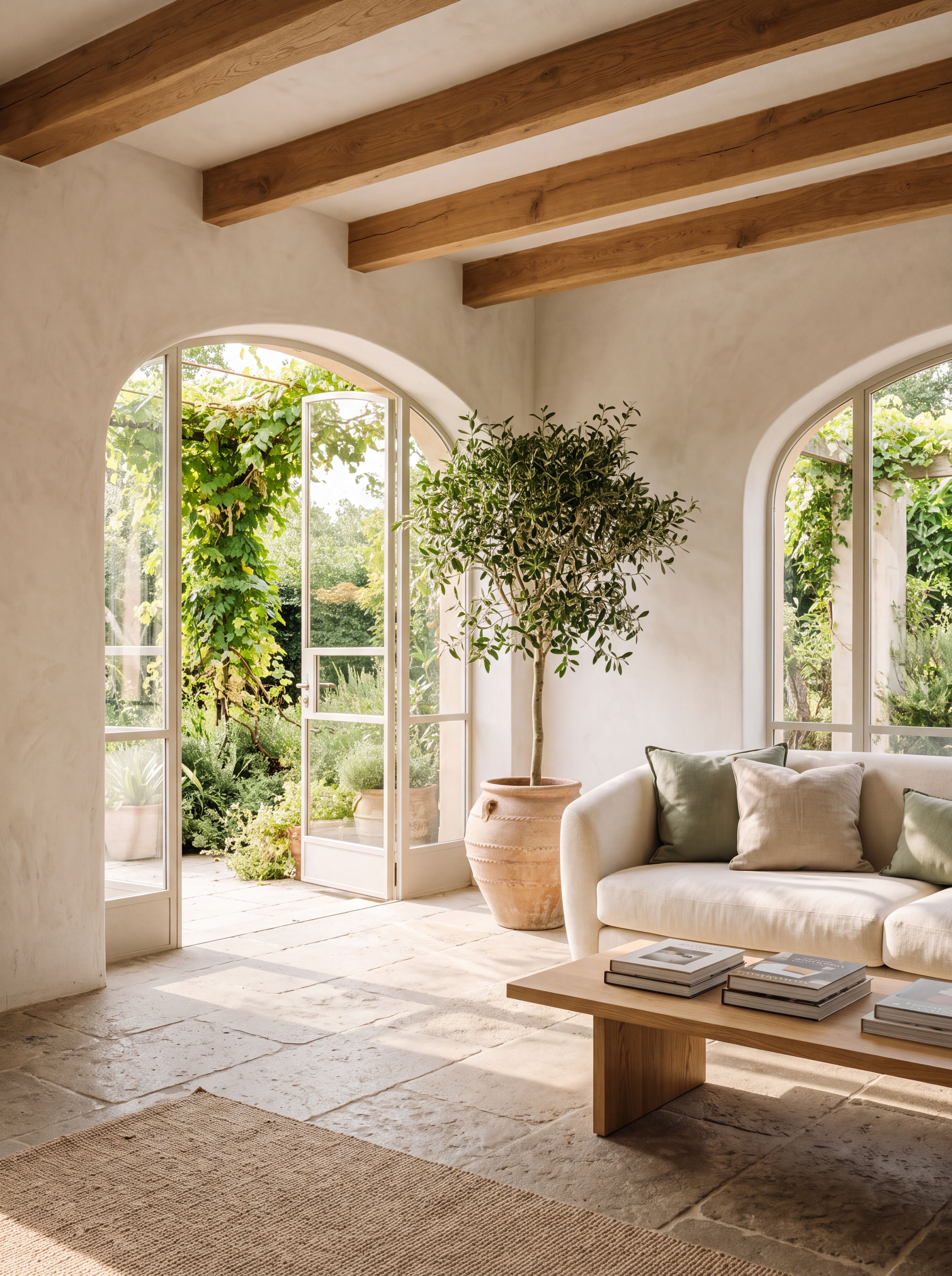 An inviting sunlit living room with warm oak, soft linen and a lush garden view