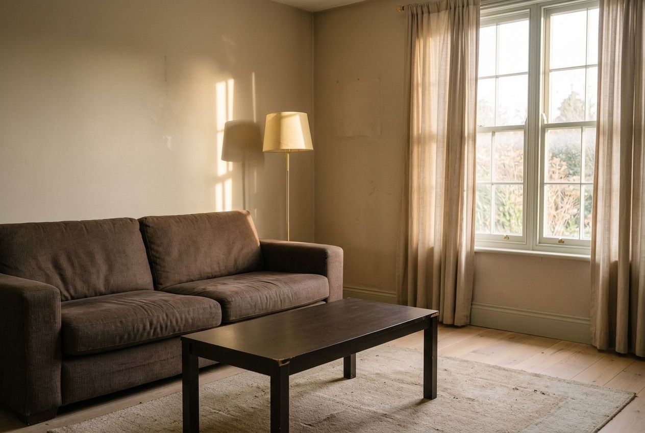 Before: a dated brown sofa and beige walls