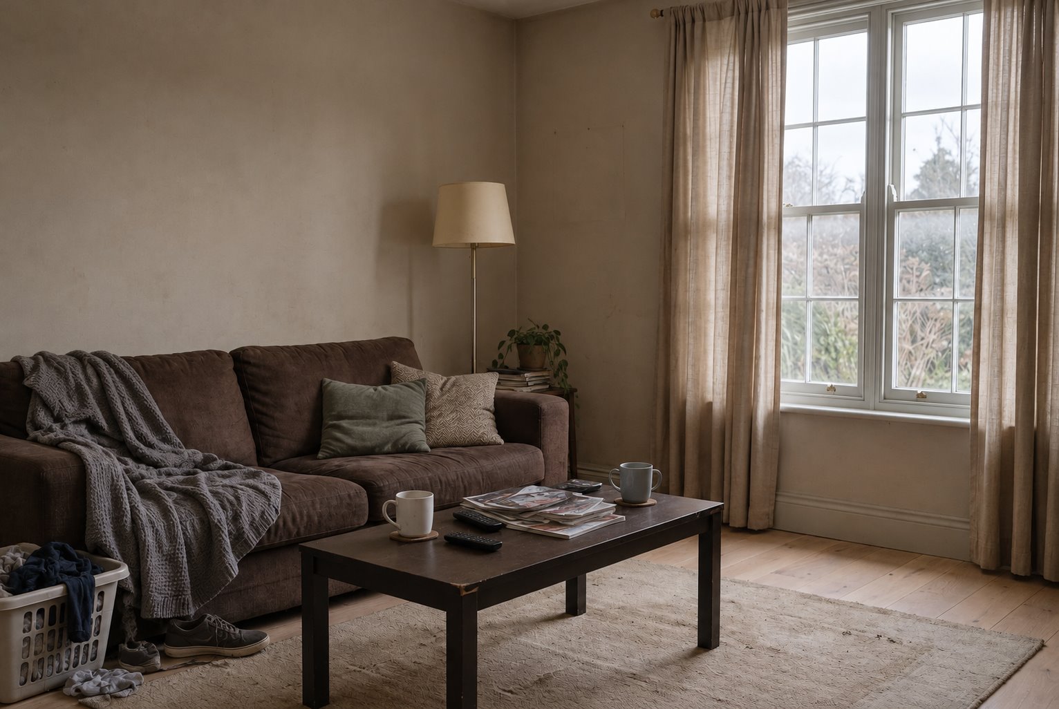A dull, cluttered living room with a worn sofa, laundry and scattered magazines
