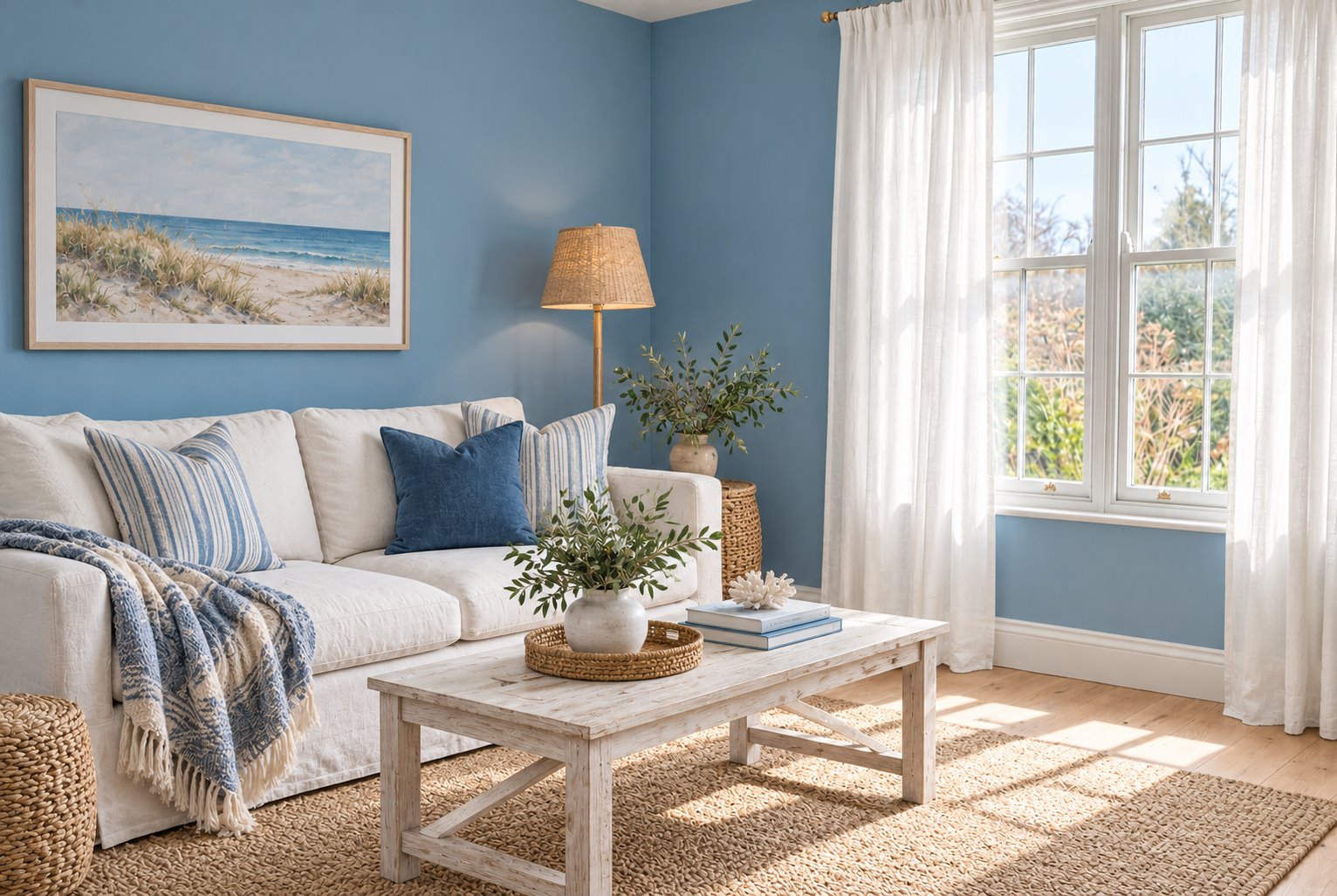 The same room transformed into a bright blue and white beach cottage