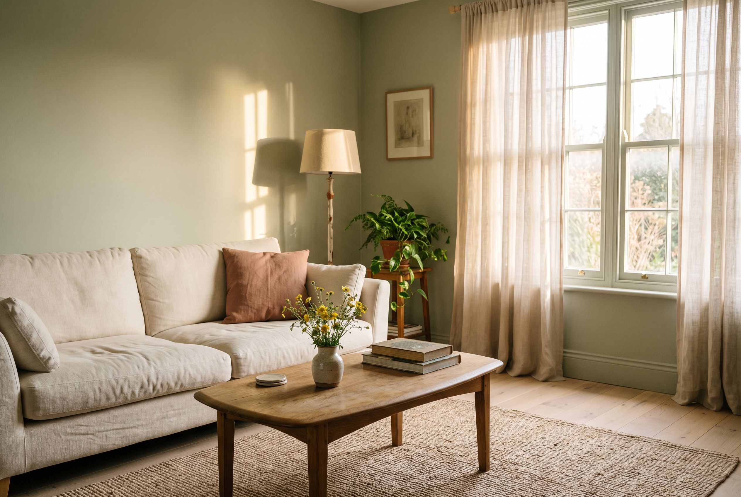 After: cream linen seating and sage walls
